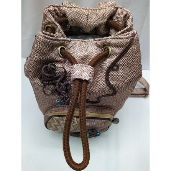 Kasite Brown Canvas Fish Zipper Pocket Drawstring Large Backpack main image 4